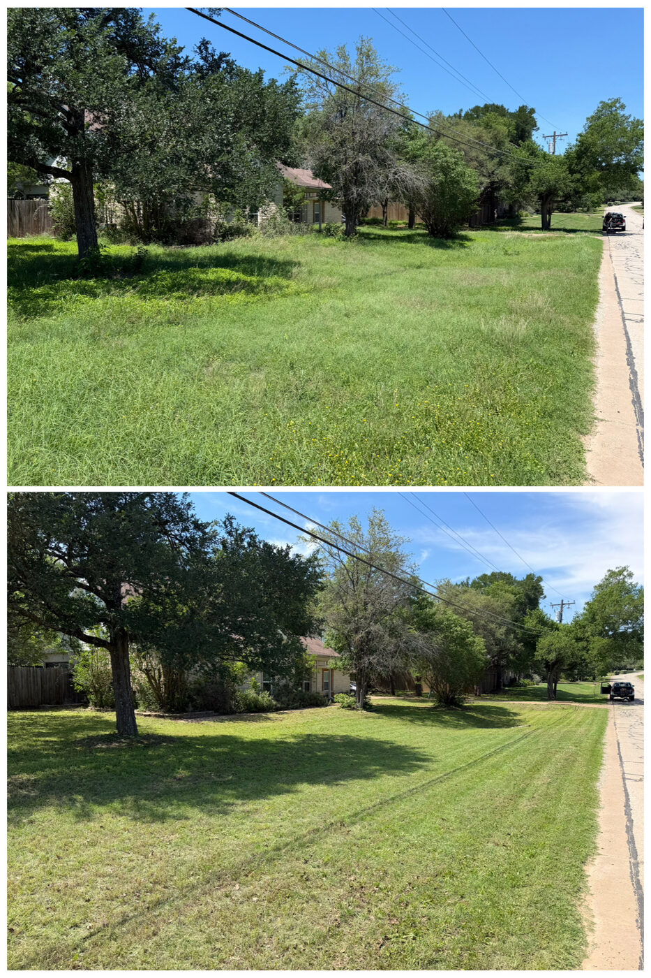 Front yard before and after: tall grass mowed into crisp stripes