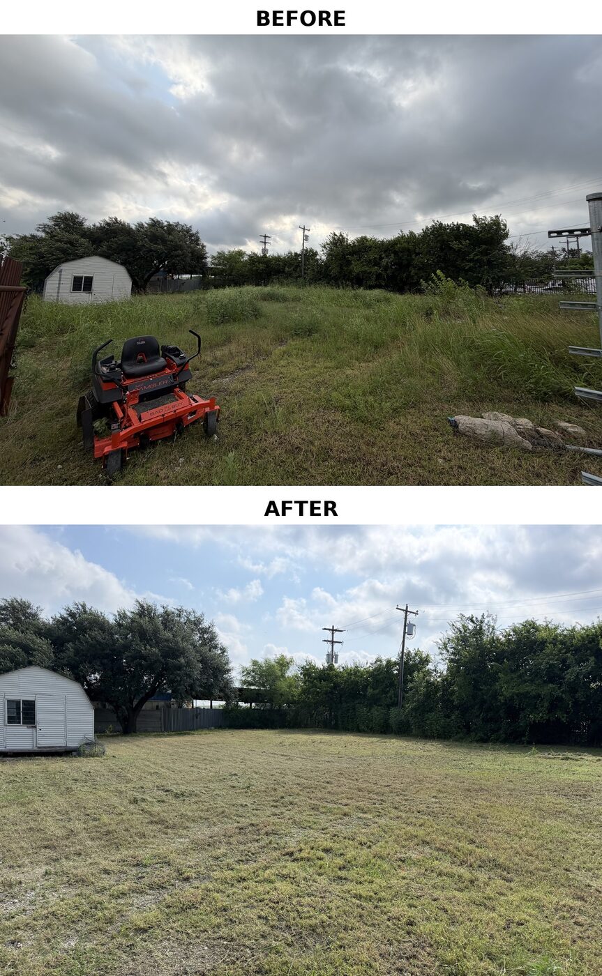 Side yard before and after: tall weeds around a shed cut down to a tidy lawn